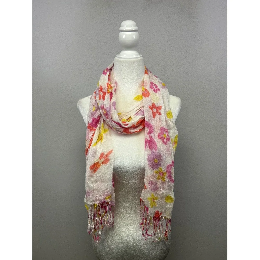 Cottagecore Airy Women OS White‎ Pink Floral Gauze Fringe Scarf Wrap